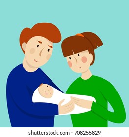 Illustration of parents couple tenderly embracing their newborn child - son or daughter. Concept of maternity, love and care.