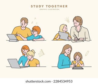 Illustration of parents educating and children studying