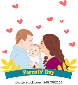Illustration of Parents holding and kissing their cute baby with love element. Vector illustration editable. For Parents Day or Family, Parenting, Baby, Love Theme. Hand drawing style