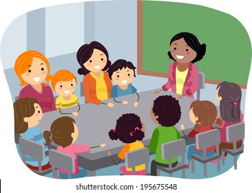 Illustration of Parents and Their Kids Attending a PTA Meeting