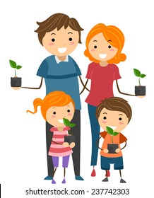 Illustration of Parents and Their Kids Holding Seedlings to Plant in Their Garden