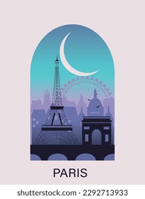 Ilustración de siluetas de la ciudad de París en la ventana por la noche. Ilustración del vector