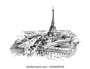 Illustration of paris with eiffel tower. Hand drawn ink sketch converted to vector.