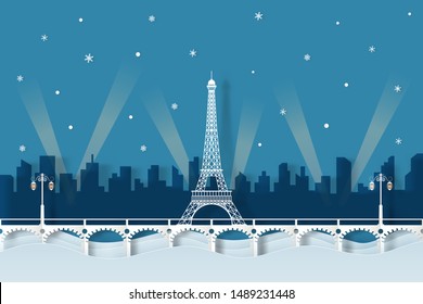 illustration of paris night in the winter. paper cut style