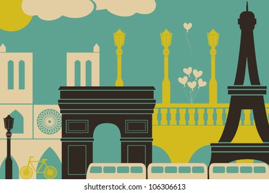 Illustration of Paris symbols and landmarks.