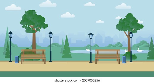 illustration of a park alley with Christmas trees, benches and lanterns