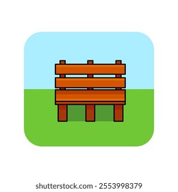 an illustration of a park bench with a background of green grass and blue sky. 