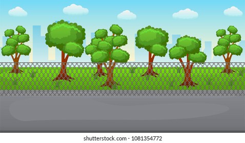 Illustration of a park in a city. Urban green alley. Sunny day in a park. Downtown landscape. Vector illustration of a green area and a sidewalk. Vector background