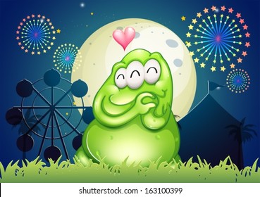 Illustration of a park with an in-love green monster