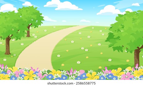 Illustration of a park landscape with spring flowers blooming on the lawn_16:9