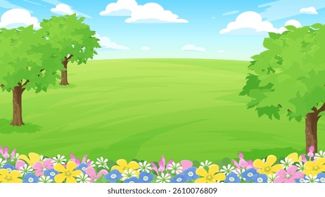 Illustration of a park landscape with spring flowers blooming on the lawn_16:9