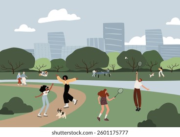 illustration of a park with people jogging, playing badminton, and walking pets. Urban greenery with tall buildings, walking paths, and trees. Active lifestyle concept. Flat vector illustration.