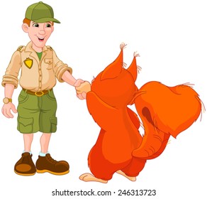 Illustration of park ranger are shaking hands with squirrel