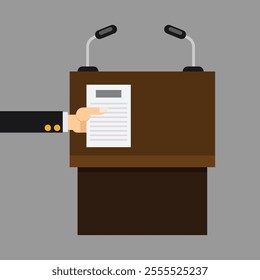 Illustration of a parliamentary and university discussion platform with a hand presenting a speech paper in a professional format