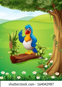 Illustration of a parrot above the trunk under the tree