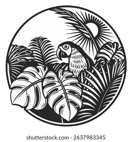 illustration of a parrot among bushes and leaves in a tropical forest