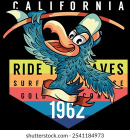 Illustration of parrot with cap in beach lifestyle, with surfboard, text backgrounds names of vacation beaches where there are big waves, colorful gradient surfer posters.