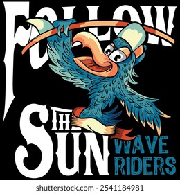 Illustration of parrot with cap in beach lifestyle, with surfboard, text backgrounds names of vacation beaches where there are big waves, colorful gradient surfer posters.