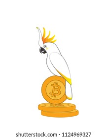 illustration of parrot cockatoo on bitcoin coin on white background