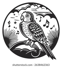 illustration of a parrot enjoying a musical tune on a tree branch
