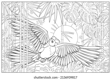 Illustration of parrot flying in jungle forest. Wildlife animals. Image in zen-tangle style. Printable page for drawing and meditation. Coloring book for children and adults. Black and white vector.