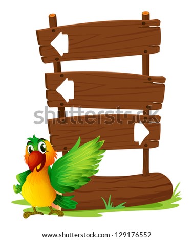 Illustration of a parrot at the left side of a sign board on a white background