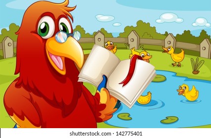 Illustration of a parrot near the pond showing an empty book