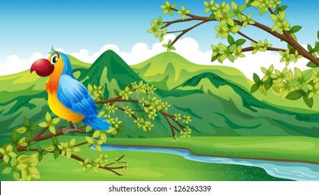 Illustration of a parrot near the riverbank