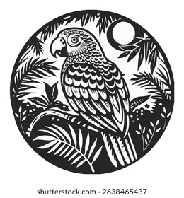illustration of a parrot on a branch in a bush and leaves in a tropical forest