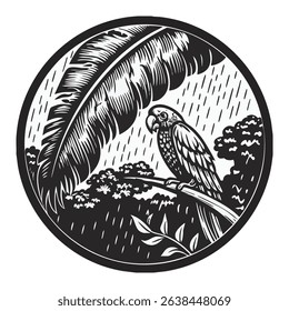 illustration of a parrot on a branch under a leaf in rainy weather