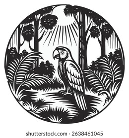 Illustration of a parrot on the ground in a dense forest in the jungle