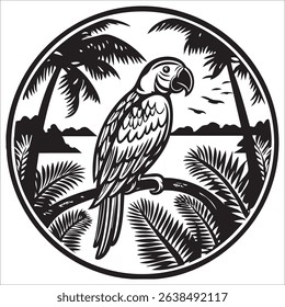 illustration of a parrot on a tree in a tropical forest