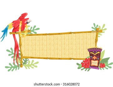 Illustration of a Parrot Perched on a Wooden Banner with a Tiki Statue Beside It