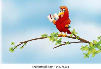 Illustration of a parrot reading above a branch of a tree
