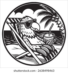 Illustration of a parrot relaxing on a beach chair and drinking a cocktail with sunglasses on