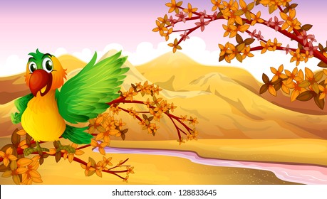 Illustration of a parrot at the tree near the river