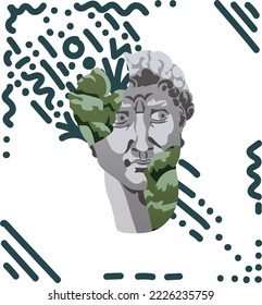 Illustration of a part of David s head. The marble bust of the head broke and green nature looked out from it and wrapped the image in a frame of abstract stripes and curves. Modern interpretation