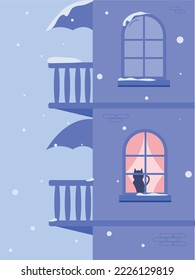 Illustration of a part of a house with a snow-covered balcony and windows with a silhouette of a cat.