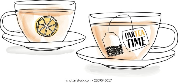 Illustration ParTea Time with cute cups. Freehand drawing. Sketchbook.