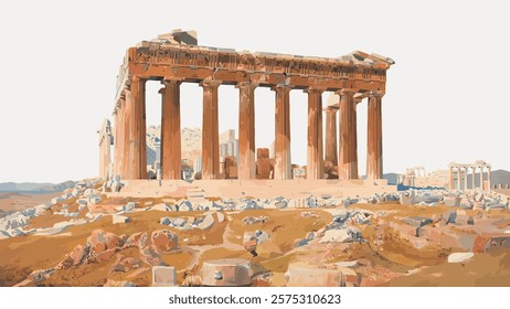 Illustration of the Parthenon, an ancient Greek temple. The Parthenon stands on the Acropolis, showcasing Greek architecture. Ruins of the Parthenon are iconic. Vintage art, isolated vector element.