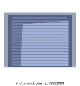 Illustration of a partially open blue garage door closing on a grey building