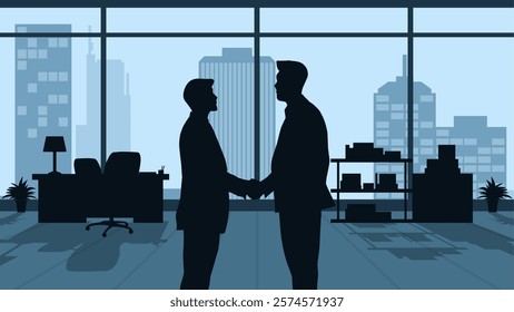 Illustration of a partnership handshake between two businessmen. Vector illustration of business negotiation about company collaboration. Office room with two people dealing with a teamwork agreement