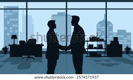 Illustration of a partnership handshake between two businessmen. Vector illustration of business negotiation about company collaboration. Office room with two people dealing with a teamwork agreement