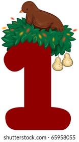 Illustration of a Partridge in a Pear Tree Sitting on Top of a Number 1