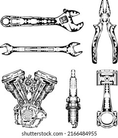 illustration of parts on motorbikes and tools for service