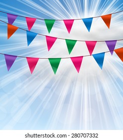 Illustration Party Background with Buntings Flags Garlands, Blue Sky and Sun Rays - Vector
