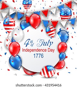 Illustration Party Background with Traditional American Colors with Greeting Card, Colorful Bunting, Balloons and Confetti. Independence Day 4th July - Vector