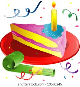 Illustration of party blowers, cake slice and confetti.