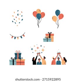 Illustration of party elements including gifts and balloons