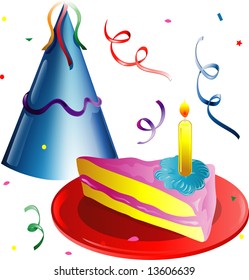Illustration of a party hat, cake slice and confetti.